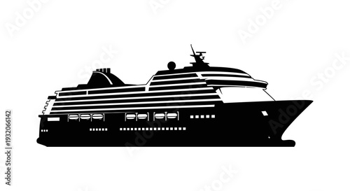 Black and white silhouette of a large cruise ship on a white background