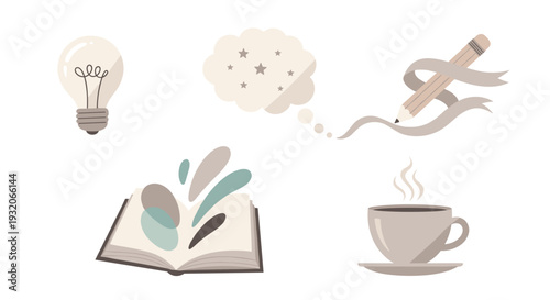 Collection of creative elements representing ideas, imagination, writing, and knowledge, including a lightbulb, thought bubble, pencil, book, and coffee cup.