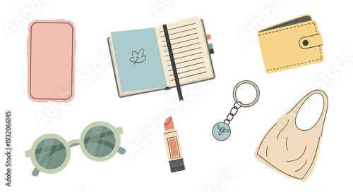 Daily personal accessories and everyday essentials are illustrated as a collection, featuring a phone, notebook, wallet, sunglasses, lipstick, keychain, and reusable bag.