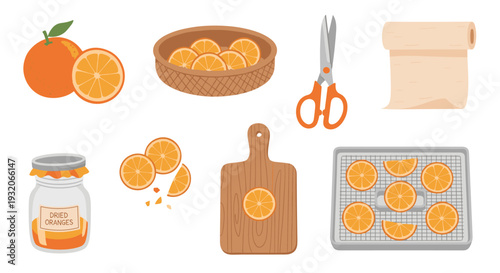 Oranges, fresh and dried, are beautifully illustrated in a collection of elements showcasing the preparation process for homemade citrus decorations.