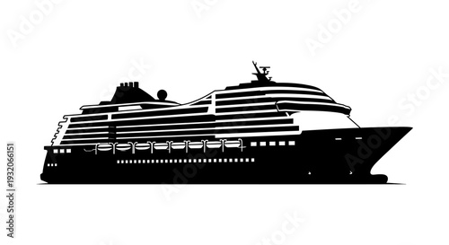 Black and white silhouette of a large cruise ship sailing on calm waters