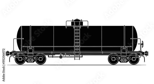 A detailed side view of a black silhouette tank railcar on tracks