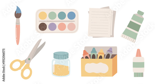 Art and craft supplies collection for creative projects, featuring watercolors, brushes, paper, crayons, scissors, and glue, presented in a charming flat style.
