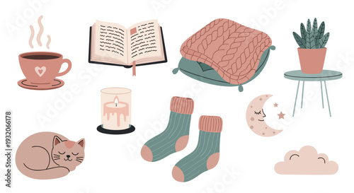 Cozy items for a comfortable and relaxing evening at home, featuring a book, hot drink, candle, and sleeping cat, perfect for a peaceful atmosphere.