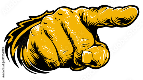 Stylized hand with index finger extended, pointing forward. A dynamic graphic, yellow and black