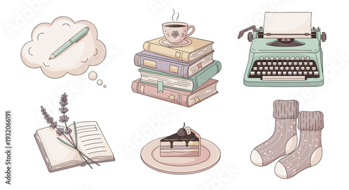 Cozy items for reading and writing hobbies are beautifully illustrated in a pastel, hand-drawn style, perfect for relaxation and creativity.