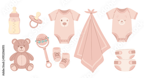 Baby items collection featuring adorable essentials like bodysuits, a teddy bear, bottle, pacifier, rattle, socks, and diapers, all in soft pastel colors.