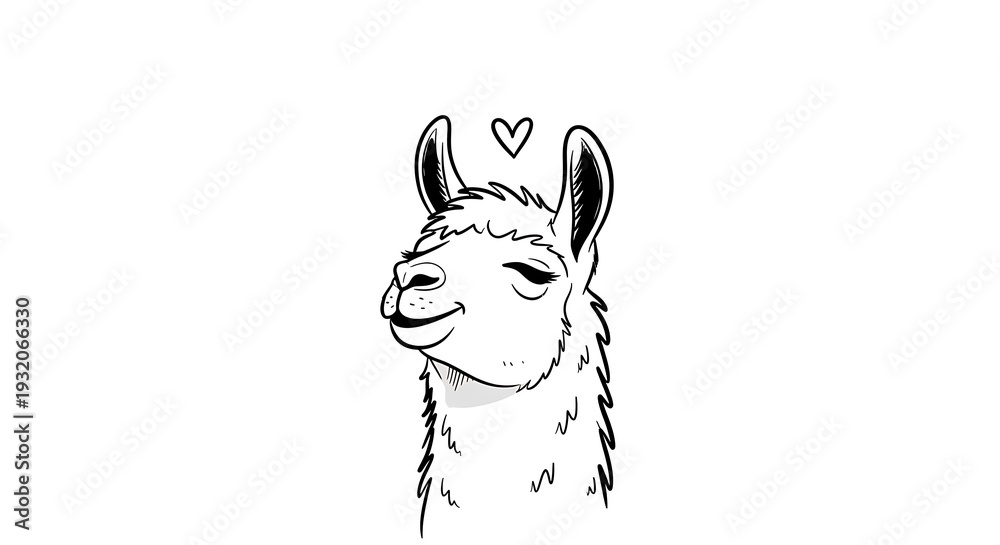 Fototapeta premium Smiling cartoon llama with heart above head, drawn in black and white on white background
