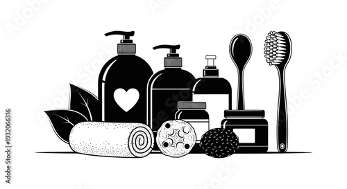 Black and white illustration of bathroom essentials including soap lotion and brushes