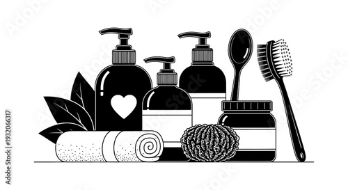 Black and white illustration of bathroom essentials soap lotion brush and towel