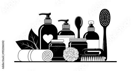 Black and white illustration of various bathroom and self care products