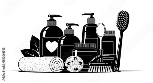 Black and white illustration of bathroom essentials soap lotions and cleaning tools