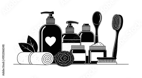Black and white illustration of bathroom products including soap lotion and towels
