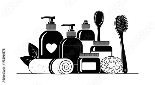 Black and white illustration of bathroom essentials soap lotion brush and towel