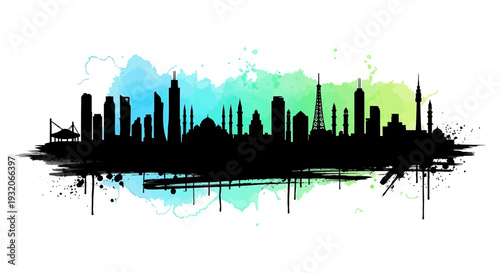 Watercolor skyline featuring a city silhouette with iconic buildings and a vibrant gradient