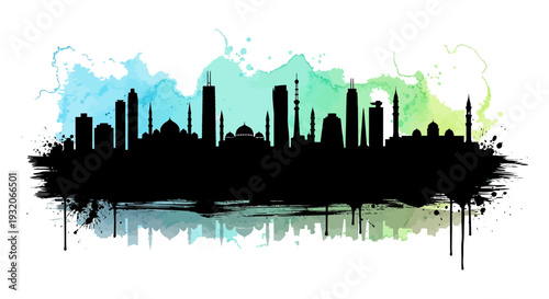 Watercolor silhouette of a city skyline with diverse architectural landmarks