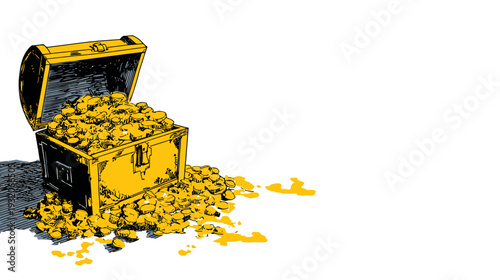 An open wooden chest overflowing with golden coins, with some scattered on the floor