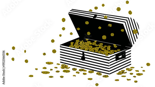 A black and white striped treasure chest overflowing with coins, with coins scattered around
