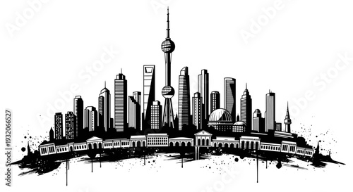 Shanghai skyline illustration in black and white featuring the oriental pearl tower