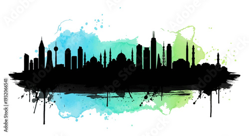 Watercolor skyline silhouette featuring iconic buildings and a vibrant color wash