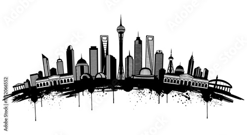 A striking black and white skyline illustration featuring modern and classical buildings