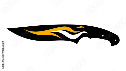 A black and orange stylized knife on a white background, featuring flame-like design