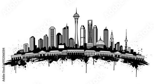 Black and white skyline illustration of a modern city with a prominent tower
