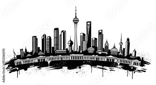 Shanghai skyline illustration with iconic buildings and a dynamic brushstroke base