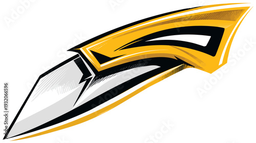 Graphic of a stylized blade featuring yellow, black, and white elements, angled with sharp edges