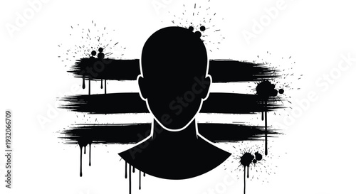 Abstract silhouette of a head with paint splatters and brushstroke background