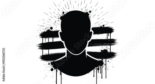 Abstract black silhouette of a human head with paint splatter effects