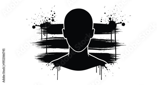 Silhouette of a head with abstract black paint splatters and brushstroke background