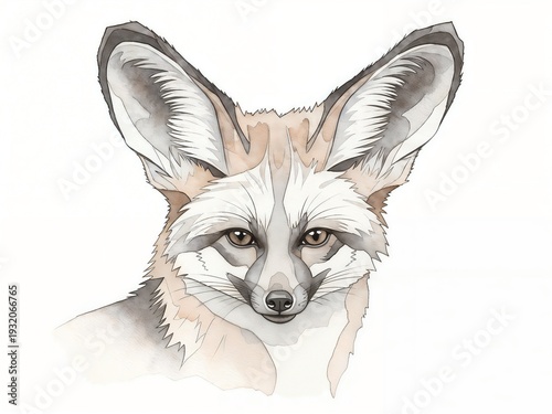 Fennec fox watercolor illustration with large ears and neutral expression  