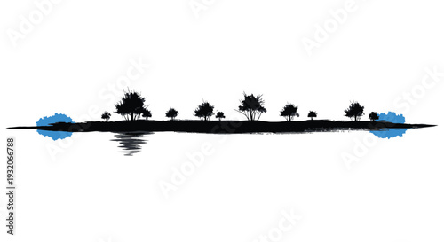 Abstract landscape with silhouetted trees and blue water reflections high quality