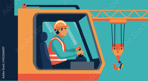 A construction worker in an orange hard hat and safety vest operates a large crane from its cabin, with the crane's hook visible on the right.