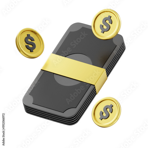 Stacked cash bundle with gold dollar coins