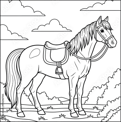 A horse in a mountainous landscape with a saddle on its back, Coloring page. Vector illustration.