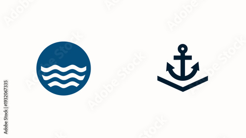 Two navy-blue graphic icons waves inside a circle and an anchor symbol on a white background