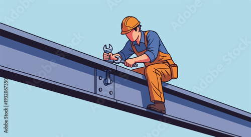 A vector image shows a construction worker in a hard hat and overalls, skillfully tightening a bolt on a steel beam with wrenches against a blue sky.