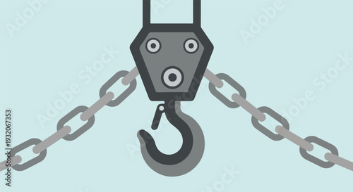 A minimalist vector illustration features a dark grey crane hook connected to chains extending sideways on a light blue background.