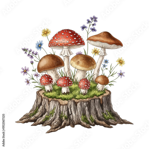 Botanical Illustration of Mushrooms on a Tree Stump