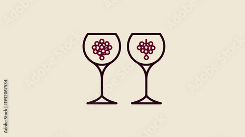 Minimalist illustration of two wine glasses, one holding grape clusters, the other showing grapes on the vine