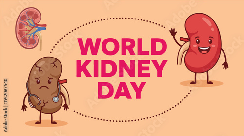 A cheerful cartoon illustration of two anthropomorphic kidneys celebrating World Kidney Day with a friendly and educational tone