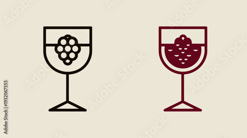 Minimalist illustration featuring two wine glasses one with grapes, the other filled with wine