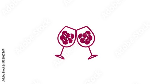 Two wine glasses, filled with grape-like shapes, touching in a toast gesture on a white background