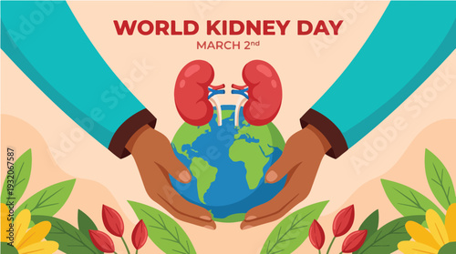 Illustration of hands holding a globe with kidneys on World Kidney Day, surrounded by leaves and flowers on a peach background