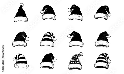 Set of 12 Christmas Santa hats vector icons