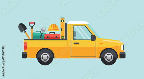 A flat vector illustration features a yellow pickup truck transporting various construction and repair tools against a light blue background.