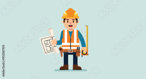 A friendly cartoon construction worker wearing a hard hat and safety vest, holding a blueprint and a measuring tape, stands ready for work.
