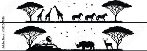 African savannah wildlife silhouettes vector illustration, giraffes lions rhinos deer horses birds and acacia trees, decorative black and white nature landscape artwork